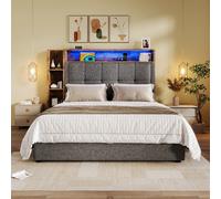 Lit capitonné 90x200cm lin gris, sans matelas, LED, USB-C, rangement, appli