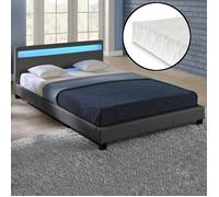 Lit capitonné à LED Corium (Paris) avec matelas (140x200cm)(gris foncé)(mousse froide) - cuir synthétique - housse en cuir