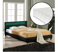 Lit capitonné à LED Corium (Paris) avec matelas (140x200cm)(noir)(mousse froide) - avec cuir synthétique - housse en cuir