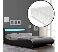 Lit capitonné à LED de Corium 'Valencia' avec matelas (180x200cm)(noir)(mousse froide) - avec cuir synthétique - housse en cuir
