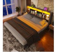 Lit capitonné adulte 160 x 200 cm avec LED, Tête de lit multifonctionnel, Sommier à lattes en bois massif, Tissu en lin, Gris
