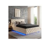Lit - TECTAKE - Lit coffre DAYTONA en bois à l'aspect velours capitonné avec bandes LED, sommier inclus, 180 x 200 cm - Sable