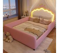 Lit capitonné, avec éclairage LED, lit en forme de couronne, lit en forme de couronne, barrière de sécurité, en PU, sans matelas, rose, 140 x 190 cm