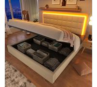 Lit capitonné avec lattes et rangement double incluant bande LED, cadre 180x200cm, lit fonctionnel avec housse similicuir blanc