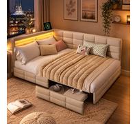 Lit capitonné, canapé-lit, 140 x 190 cm, lit double avec espace de rangement hydraulique avec 2 tiroirs, lit rembourré avec lumière LED et fonction de charge USB, lit de jour pour adolescent avec
