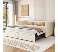Lit capitonné canapé-lit escamotable 90/180x200cm avec lattes, multifonctionnel en velours doux pour la peau, beige
