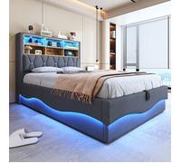 Lit capitonné double 140×200cm Lit coffre Lit rembourré en Lin avec bandes LED ports USB rangement et sommier à lattes - gris