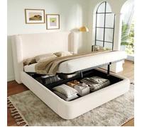 Lit capitonné double 160×200cm Lit coffre hydraulique Lit rembourré en bouclé avec rangement sommiers à lattes - beige