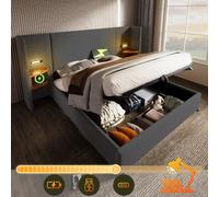 Lit capitonné double 180×200 avec table de chevet, lampe de lecture et USB Type-C, ensemble lit avec rangement, cadre avec lattes bois et métal, gris, lin