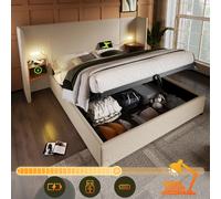 Lit capitonné double 180×200 avec table de chevet, lampe de lecture et USB Type-C, ensemble lit avec rangement, cadre avec lattes bois et métal, beige, lin