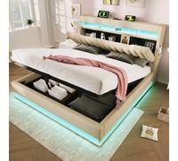 Lit capitonné double 180x200cm, tête avec rangement, ports USB et Type-C, LED tête et pied, rangement hydraulique, beige, lin