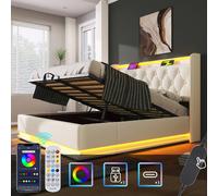 Lit capitonné double, LED 360°, bouton/App/télécommande, 180*200 cm, PU blanc, lit hydraulique, tête avec USB Type-C