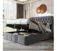 Lit capitonné - LANGTU - 140 x 190 cm - Velours gris - Coffre hydraulique - Tête cloutée