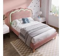 Lit capitonné LED simple 90x200cm, cadre avec lattes et tête réglable, capitonné rose, jeunesse chambre invité, velours