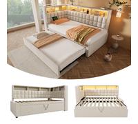 Lit capitonné lin 90x200 avec lit escamotable 90x190, LED, enceinte Bluetooth, USB & Type-C, tête L avec étagère, canapé-lit, beige
