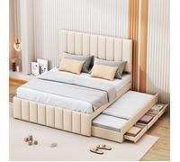 Lit capitonné Lit adulte Lit double 140 x 200 cm avec lit gigogne et 3 tiroirs - beige