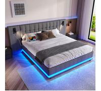 Lit capitonné, Lit double,180 x 200 cm, Lit rembourré avec bande LED, tête de lit avec spot, USB, lin, Lit moderne, gris