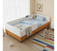 Lit capitonné, lit simple, design velours et bois, avec 2 compartiments de rangement, lit capitonné moderne pour chambre d'enfant, bordure en mousse souple anti-collision