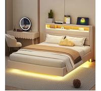 Lit capitonné - O.YeTRUXEN8 - 140x200 cm - USB et LED - tête de lit réversible - lin Beige multicolore LIT COMPLET