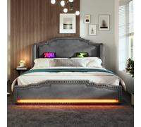 Lit Capitonné Velours Gris 180x200cm, 4 Tiroirs, LED RGB, USB-C, Rangement Vintage