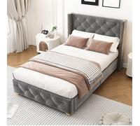 Lit capitonné - Zephmum - 90x200 boutons clous pieds bois velours gris