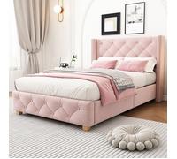Lit capitonné - Zephmum - 90x200 boutons clous pieds bois velours rose