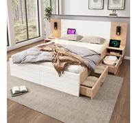 Lit Chevets Intégré Imitation - Port USB - Rangements - Chêne Et Blanc - 160x200cm
