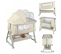 Lit cododo bébé 3 en 1-Roues 360°-Berceau avec matelas et moustiquaire-6 Hauteurs Réglables-50*91*68-81cm(0-3 ans,Beige)