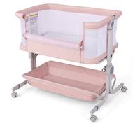 Lit Cododo Bébé Matelas 2,5cm COSTWAY-Dès Naissance-9kg-6 Hauteurs-4 Roulettes-Portable Pliable-Étagère de Rangement-Rose