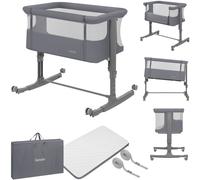 Lionelo Aurora 3in1 - Lit d'appoint, berceau, lit autonome pour bébé - avec matelas, avec couffin, hauteur réglable en continu - Jusqu'à 9 kg - Gris