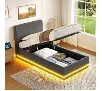Lit Coffre 1 Personne 90 x 200 cm avec rangement et LED, USB-C - Tête Réglable - Lit Capitonne avec Sommier à Lattes, Gris Foncé