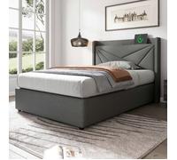Lit coffre 1 place - LANGTU - 90 x 200 cm - Sommier à lattes - Charge USB Type-C - Gris