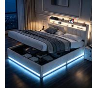 Lit Coffre 140 x 190 à LED et USB, Lit Hydraulique 140x190cm avec Tête de Lit de Rangement, Lit Rembourré 140x190 avec Étagères Ouvertes et Sommier Cadre de Lit Capitonné Lit Tapissé(Beige-1, 140x190)
