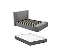 Lit coffre 140 x 190 cm avec banc - Tissu - Gris + Matelas - DOUINO