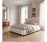 Lit Coffre 140 x 190 cm avec LED,Lit Double avec Rangement, Fonction hydraulique, pour Adulte Jeunesse, Velours,sans matelas,Beige