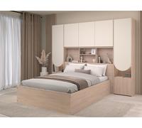 Lit coffre 140 x 190 cm avec pont de lit - Avec LEDs - Beige et naturel + Matelas - VELONA
