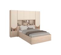 Lit coffre 140 x 190 cm avec pont de lit - Avec LEDs - Beige et naturel - VELONA
