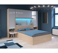 Lit coffre 140 x 190 cm avec pont de lit - Avec LEDs - Blanc brillant et naturel + Matelas - VELONA
