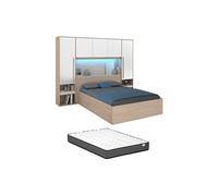 Lit coffre 140 x 190 cm avec pont de lit - Avec LEDs - Blanc brillant et naturel + Matelas - VELONA