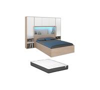 Lit coffre 140 x 190 cm avec pont de lit - Avec LEDs - Blanc brillant et naturel + Matelas - VELONA