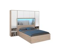 Lit coffre 140 x 190 cm avec pont de lit - Avec LEDs - Blanc brillant et naturel - VELONA