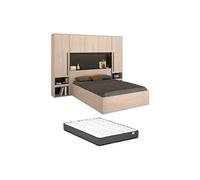 Lit coffre 140 x 190 cm avec pont de lit - Avec LEDs - Coloris : Naturel et noir + Matelas - VELONA