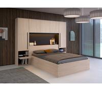 Lit coffre 140 x 190 cm avec pont de lit - Avec LEDs - Coloris : Naturel et noir + Matelas - VELONA
