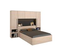 Lit coffre 140 x 190 cm avec pont de lit - Avec LEDs - Coloris : Naturel et noir - VELONA