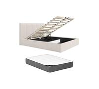 Lit coffre 140 x 190 cm avec tête de lit coutures verticales - Tissu - Beige - Avec matelas Premium - KILACLO