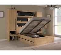 Lit coffre 140 x 190 cm LUDARO avec pont de lit VARLY - Coloris : Naturel et noir