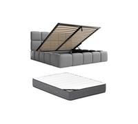 Lit coffre 140 x 190 cm - Tissu effet cuir - Gris + Matelas - DAMADO