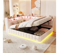 Lit Coffre 140 x 200 avec Multiprise et Éclairage LED,Canapé lit 140 x 200 avec 3 Compartiments Rangement,Lit Hydraulique avec Lattes en Bois,Lit 2 Places Cadre de Lit Double pour Enfant,Tissu Velours