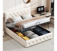 Lit coffre 140 x 200 cm,lit double,lit adulte,lit rembourré,avec sommier à lattes,levier hydraulique,tissu velours,beige