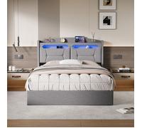 Lit coffre 140x190 avec cadre de lit solide, tissu lin, rangement intégré, tête rembourrée, LED et ports USB/Type-C, Noir